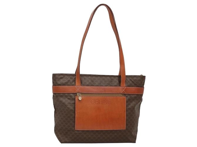 Céline CELINE Macadam Canvas Tote Bag PVC Leather Brown Gold Auth 137828 Golden