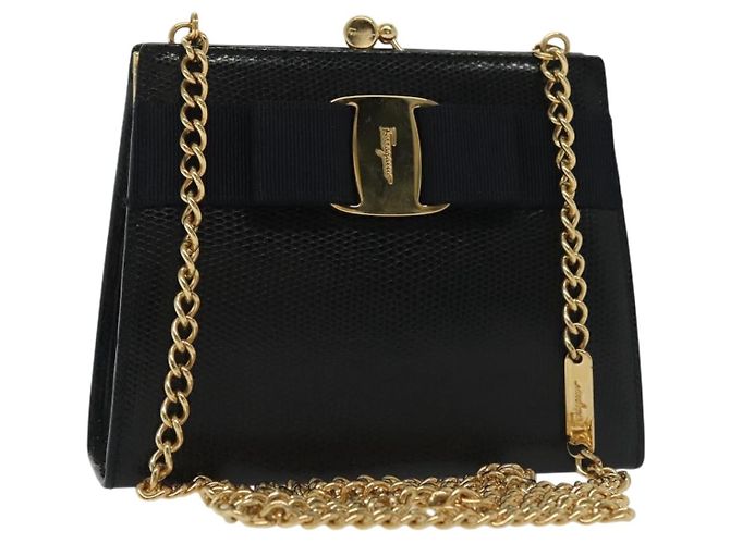 Borsa a Spalla Vala Chain in Pelle Blu Navy e Oro Auth gh620 di Salvatore Ferragamo D'oro