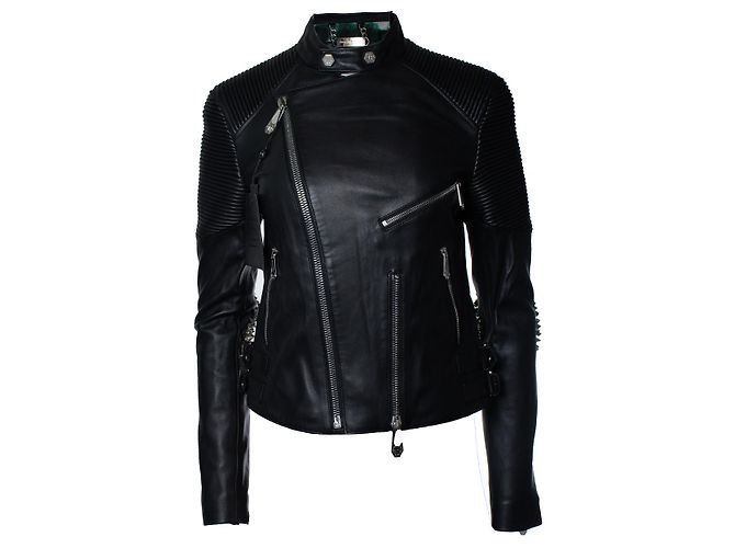Philipp Plein, Leder-Bikerjacke mit Nieten Schwarz