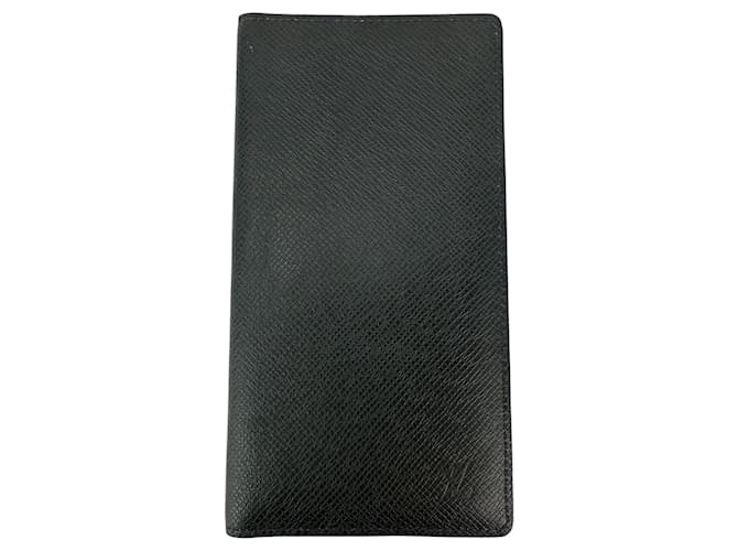 LOUIS VUITTON Taiga Brazza Long Bifold Dark Blue Leather Wallet Black  ref.2489470