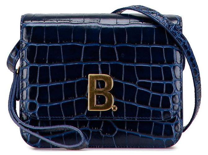 Sac à épaule en cuir embossé crocodile avec logo B de Balenciaga Bleu