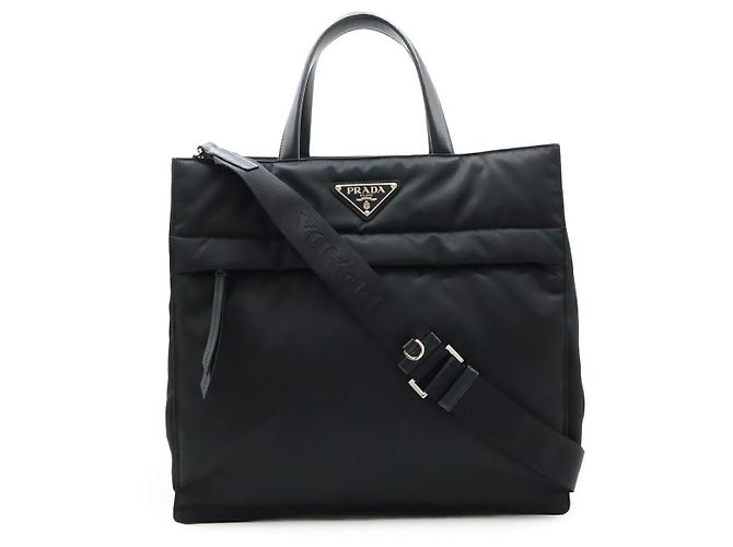 Tote Bolsa 2WAY em nylon e couro com logo triangular Prada Preto 