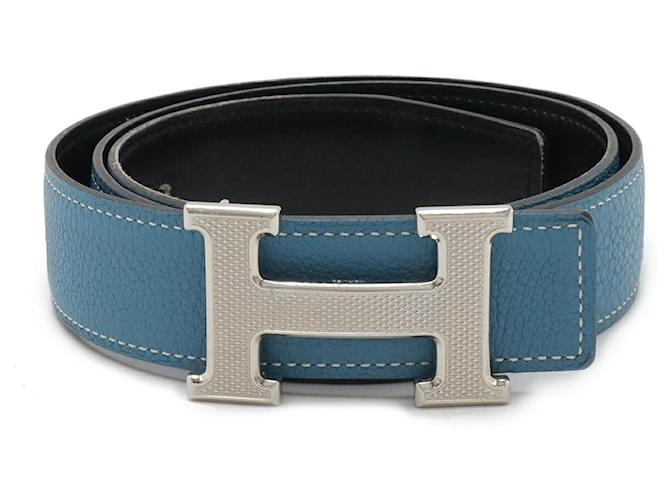 Hermès Hermes H Guilloche Leather Belt Blue  ref.2492502