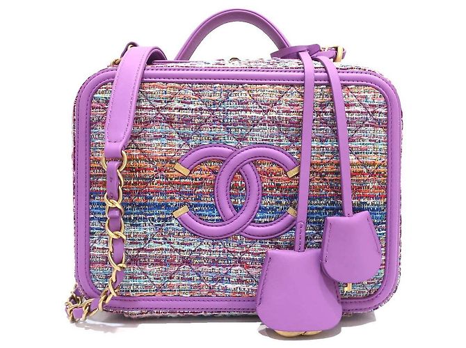 Chanel CC Filigree Bolsa de vaidade com corrente em tweed e couro roxo
