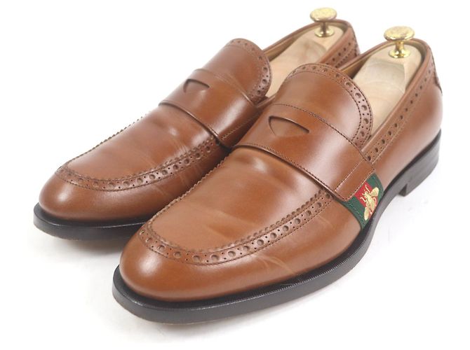 Mocassins de couro com bordado de abelha Gucci e linha web Marrom Bronze