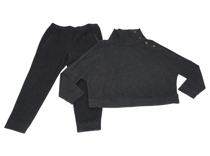 Dunkelgrauer Cashmere-Strickpullover und -Hose mit Knopf-Schultern von Brunello Cucinelli Anthrazitgrau