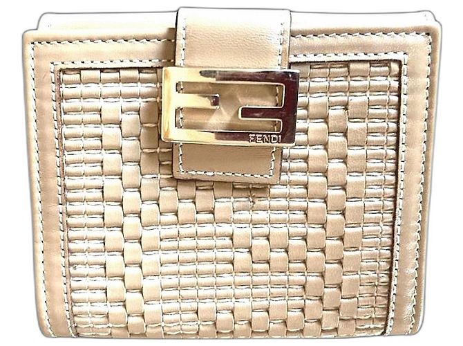 Baguette Fendi Woven Leather Wallet Eggshell Gold FF Clasp