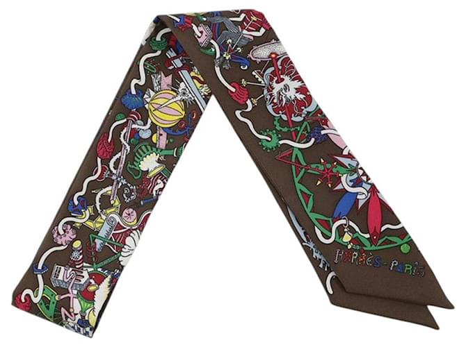 Hermès Brown La Folle Parade Silk Twilly Scarf Dark brown Cloth  ref.2494428