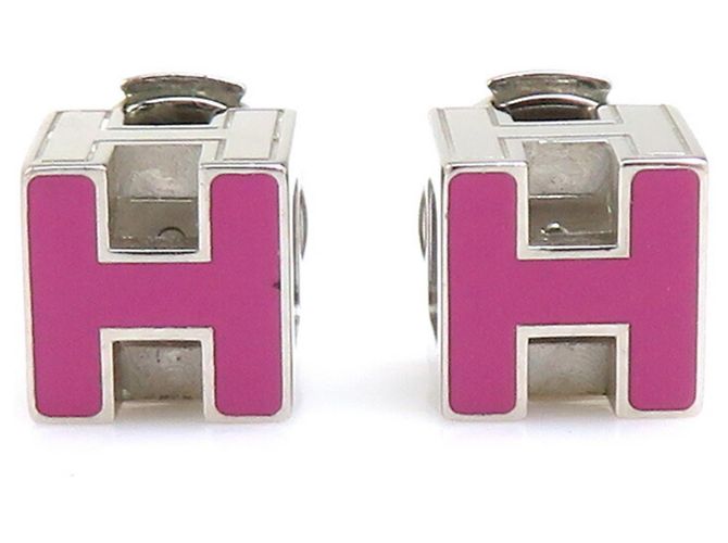 Hermès HERMES Ohrringe Cage de H Metall Emaille Silber Magenta