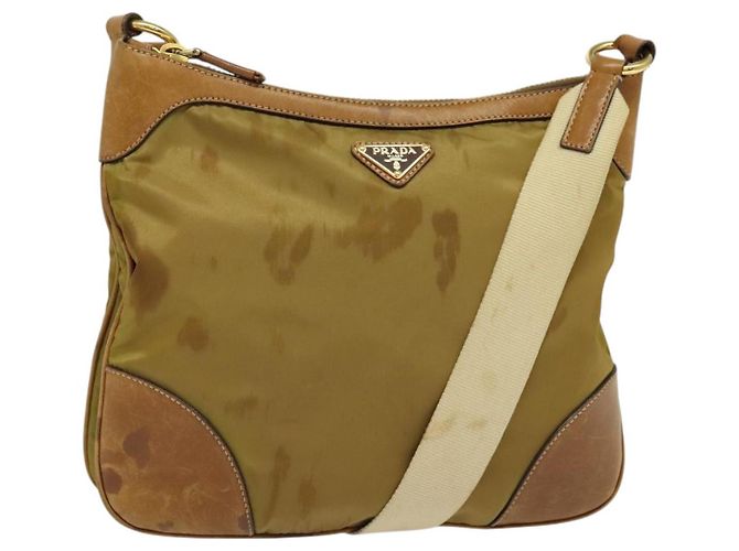 Bolsa de Ombro PRADA em Nylon Couro Bege Ouro Auth 140625 Dourado