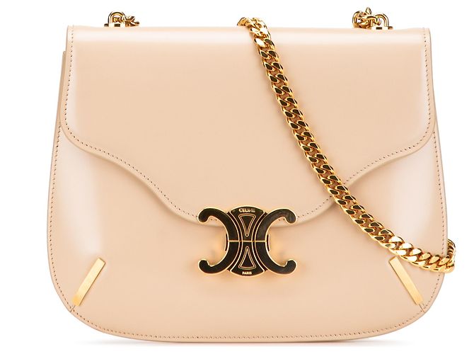 Céline Bolsa Clea em couro de bezerro brilhante marrom Triomphe da Celine com corrente cruzada Bege