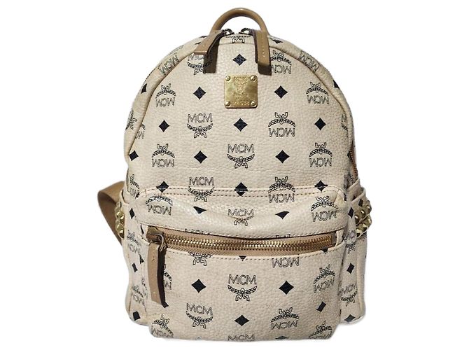 MCM Visetos Small Stark Leather Backpack Beige