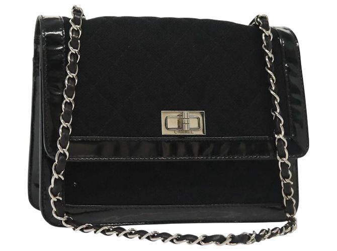 CHANEL Borsa a Spalla Matelassé in Tela e Pelle Nera Argento CC Auth bs28854 Nero