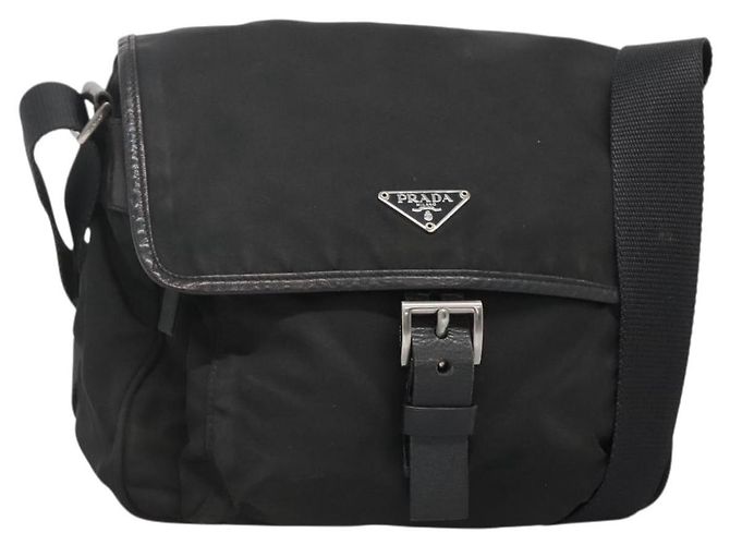 Bolsa de Ombro PRADA Nylon Preto Prata Autêntica yk19309