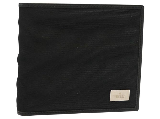 GUCCI Bifold Wallet Nylon Leather Black Silver Auth am8934 Silvery