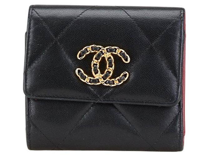 Chanel 19 Coco Mark Tri-fold Wallet Black Pink