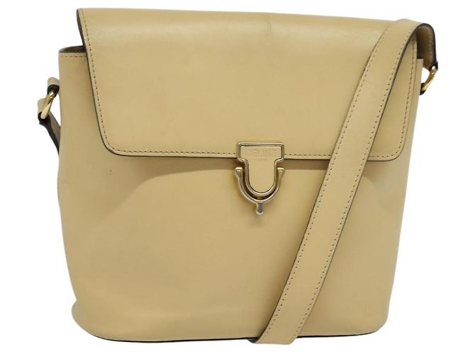 Céline Bolsa de Ombro de Couro Bege Dourado Auth BA5496