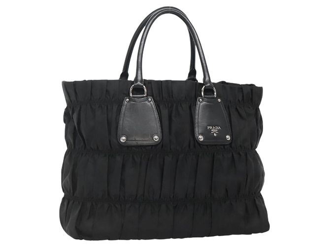 Borsa Tote PRADA in nylon nero argento Auth ep10543