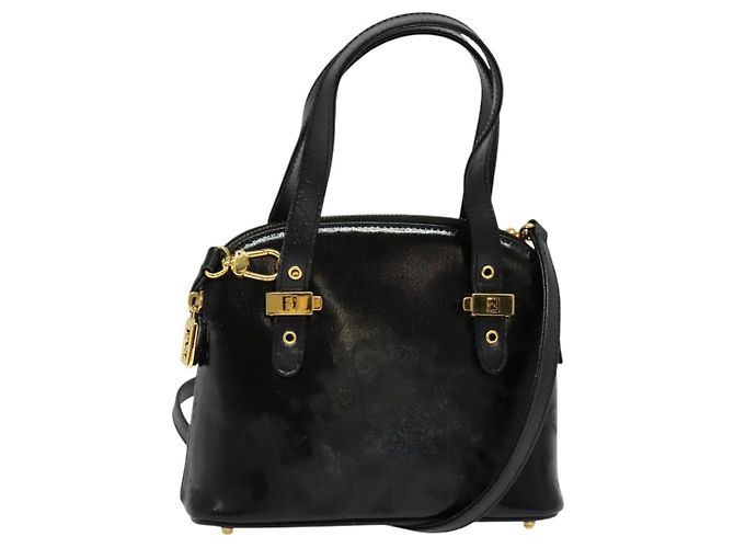Bolso FENDI de piel charol 2way Negro Oro Auth ti3390 Dorado