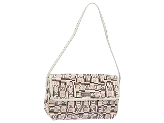 Salvatore Ferragamo Accessory Pouch PVC Beige Silver Auth BA5509