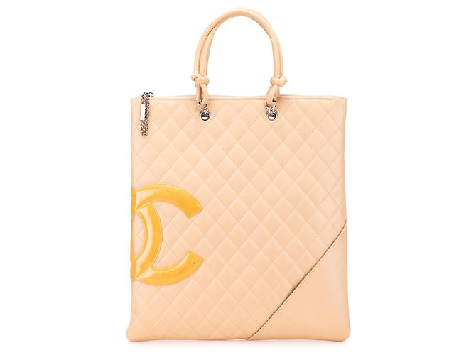 Tote plana Chanel Cambon Ligne em pele de cordeiro acolchoada Beige Bege