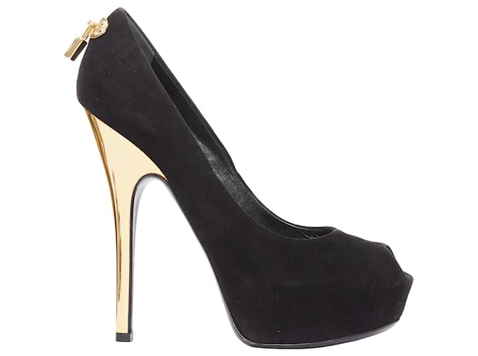 Louis Vuitton black suede gold LV pumps  ref.2500495