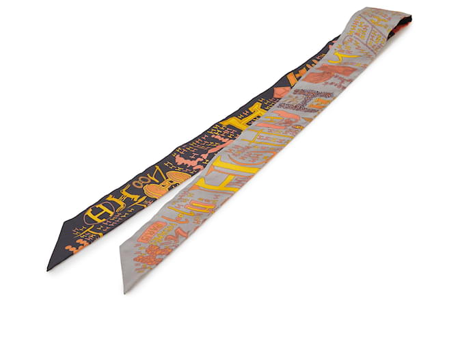 Hermès Gray 1001 H Silk Twilly Scarf Brown Cloth  ref.2502105