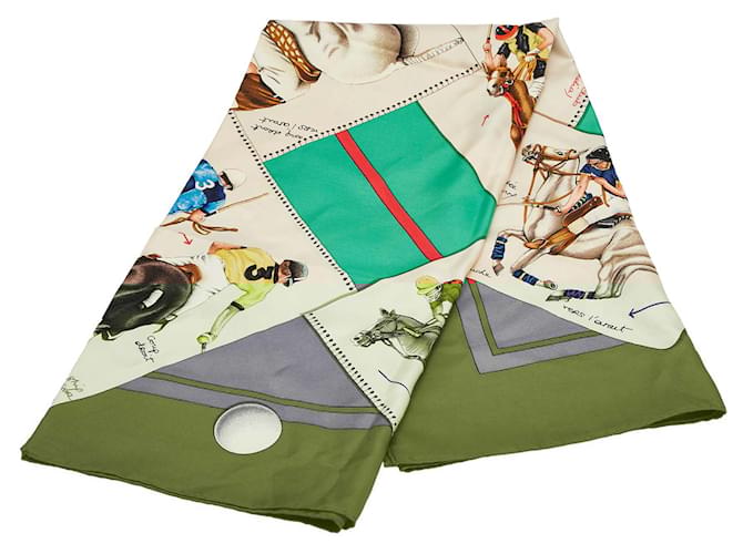 Hermès Green Le Monde du Polo Silk Scarf Cloth  ref.2502107