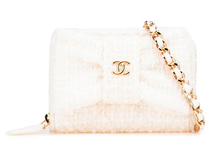 Mini billetera de cadena con cinta Coco Mark de Chanel Blanco