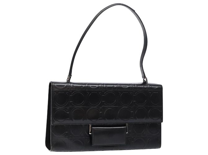 Borsa a Spalla Gancini in Pelle Nera e Argento di Salvatore Ferragamo Auth BA5258 Nero