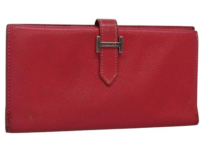 Hermès HERMES Wallet Leather Red Silver Auth 142361 Silvery