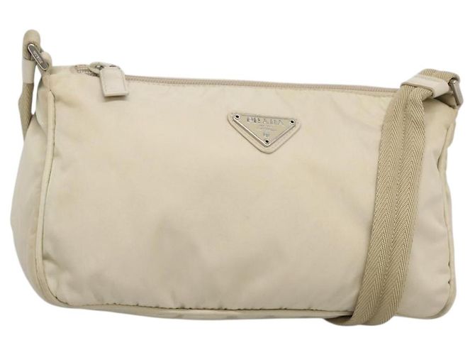 PRADA Shoulder Bag Nylon Beige Silver Auth 140483 Silvery
