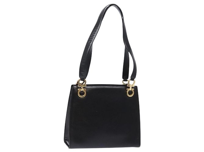 Borsa a Spalla Gancini in Pelle Nera e Oro Salvatore Ferragamo Auth 140104 Nero D'oro