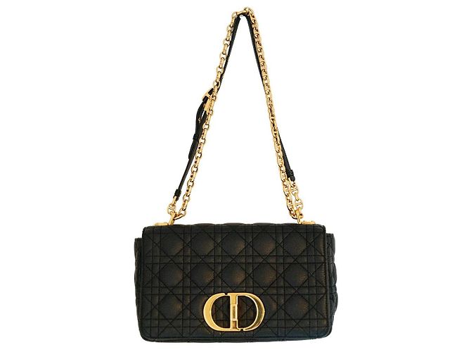 Christian Dior Bolsa de Ombro Caro em Couro Acolchoado Preto