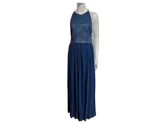 Vera Wang Vestido de noite em renda e chiffon com costas abertas Azul Metálico
