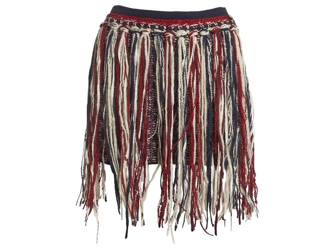 Saia Chanel de lã e caxemira com franjas azul branco e vermelho Multicor
