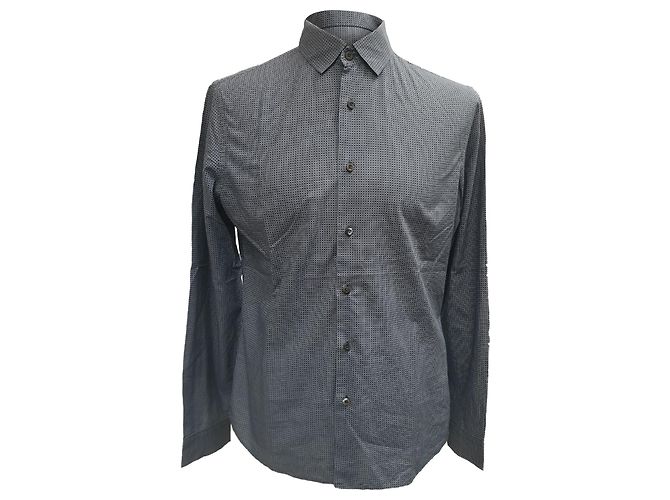 Prada Patterned Button-Down Long Sleeve Shirt in Navy Blue Cotton