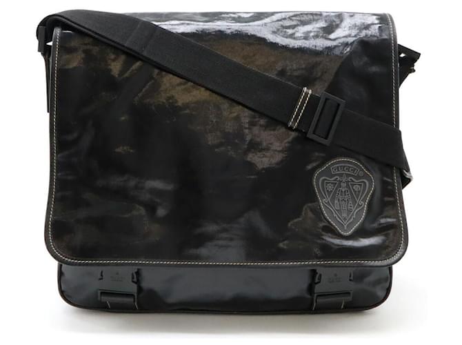 Gucci Crest Emblem Coated Canvas Shoulder Bag Black Cloth  ref.2511097