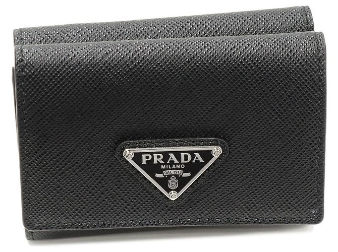 Prada Saffiano Triangle Compact Wallet Leather Wallet Black