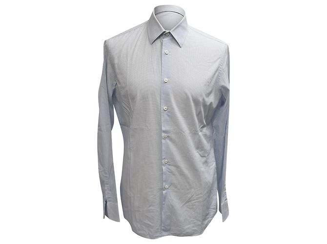 Prada Patterned Button-Down Long Sleeve Shirt in Light Blue Cotton