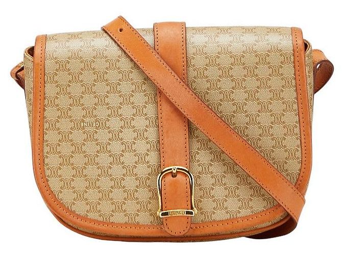 Céline Bolsa de Ombro em PVC Macadam da Celine Marrom Bege