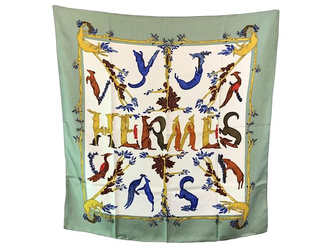Hermès Hermes Vintage Silk Scarf Alphabet III 1990 Annie Faivre Light Green  ref.2513037
