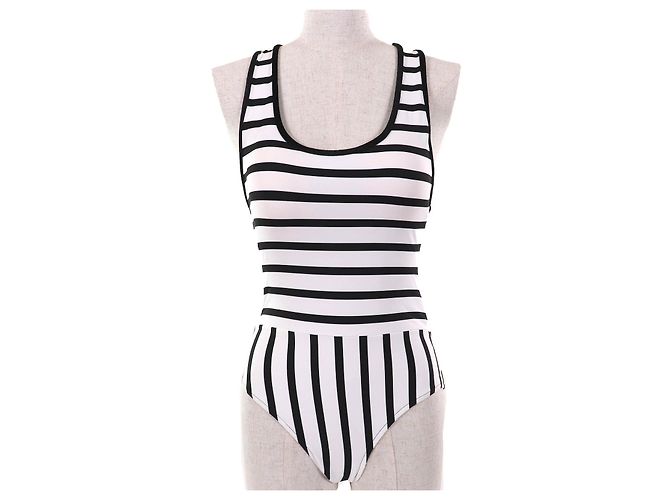 Chanel COCO Mark Strap Pattern One Piece Swimwear White