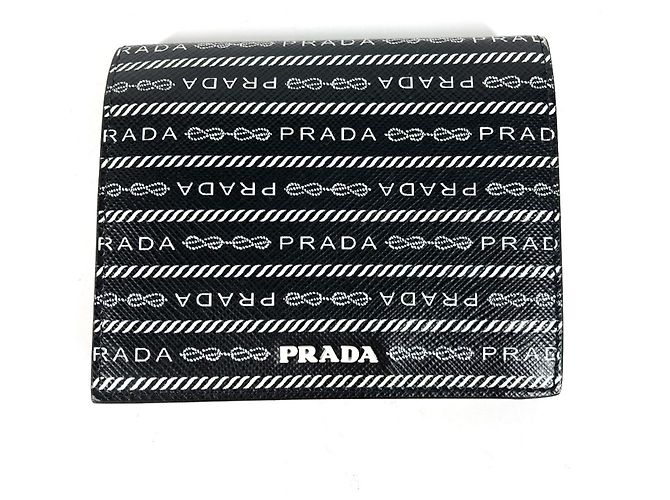 Prada 1MV204 All-Over Logo Compact Wallet Black White