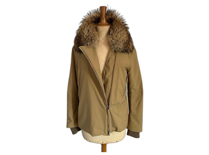 Prada beige down jacket parka with removable fur collar