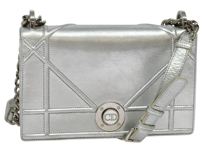 Christian Dior Borsa a Spalla Chain Diorama in Pelle Argento Auth BA5163