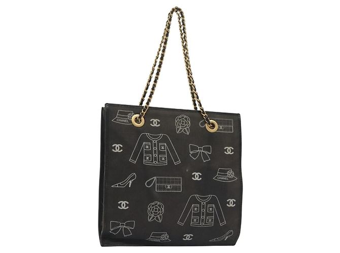 CHANEL Bolsa Tote com Corrente Lona Preta Dourada CC Auth 142312 Preto Dourado