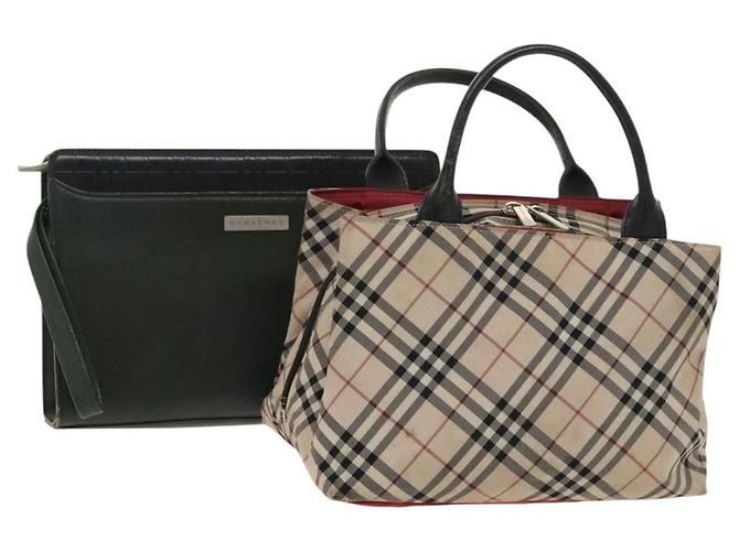 BURBERRY Nova Check Bag Nylon Leather 2 Set Beige Green Auth 139805 Verde