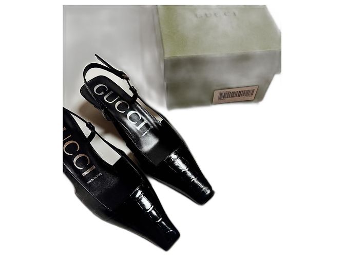 Gucci Black Crocodile-Embossed Leather Back-Strap Pumps