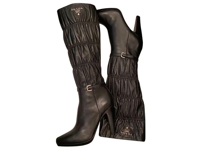 Prada high heel knee boots black leather